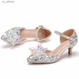 Dress Shoes Women Summer New Fashion Party Colourful Rhinestone Buckle Strap PU 7CM Thin Heels Banquet Dinner Wedding Gold H240403ZSDC