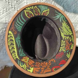 Wide Brim Hats Bucket 2024 New Handdrawn Fedora Mens Hat Coloured Rainforest Plants Panama Top Cowboy Trilby Porkpie Womens yq240403