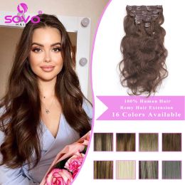 Extensions SOVO Light Brown Wavy Clip in Hair Extensions Double Weft 120g 160g Body Wave Remy Clip in Real Human Hair Extensions Full Head