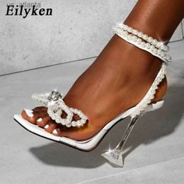 Dress Shoes Designer Pearls Wedding Bride Women Sandals Fashion Summer Square Toe PVC Transparent Crystal Perspex High Heels H240403