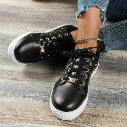 Shoes 2023 New Leather Women's Sneakers Fashion Rivets Laceup Platform Sneakers Metal Decorative Casual Tennis Women Vulcanised Shoes