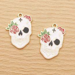 10pcs Flower Skull Charm for Jewellery Making Enamel Necklace Pendant Diy Supplies Bracelet Phone Craft Accessories Gold Plated