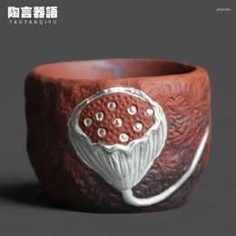Tea Cups Vintage Rough Pottery Material Embossed Lotus Pattern Personal Teacup Hand-painted Silver Craft Drinking Single Cup