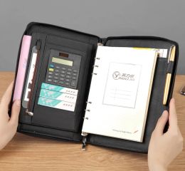 Padfolio A5 25K zipper PU leather travel journal agenda planner notebook with spring binder calculator padfolio portfolio briefcase