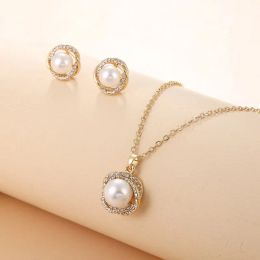 South Sea Shell Pearl Gold-Color Jewellery Sets for Women Cubic Zirconia Necklace Earrings With Party Birthday Wedding Gift