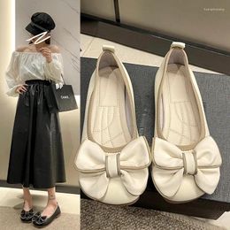 Casual Shoes 2024 Ballet Flats Women Bowknot Decor Leather Heeled Loafers Round Toe Slip-on Spring Autumn Fashion Ladies