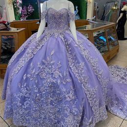 Luxury Lilac Quinceanera Dress Sweetheart Sequin Flowers Applique Beads Tull 2024 Ball Gown 16 Sweep Train Prom Party Dress