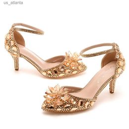 Dress Shoes Women Summer New Fashion Party Colourful Rhinestone Buckle Strap PU 7CM Thin Heels Banquet Dinner Wedding Gold H240403Q2PE