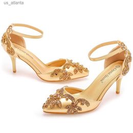 Dress Shoes Summer High-heeled Womens Sandals Rhinestone PU 7CM Thin Heels Buckle Strap Mature Golden Yellow Fashion H240403H7C9