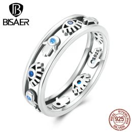 Rings Bisaer 100% Sterling Sier Blue Evil Eyes & Hand Fatima Ring Hollow Symbol Lucky Band for Women Party Original Fine Jewellery