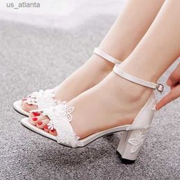 Dress Shoes Sexy Ankle Strap Sandals Women Party Flower Lace PU 7CM Square Heel Buckle Bridal Wedding Womens White H240403