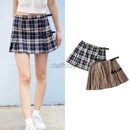 Urban Sexy Dresses Brandy Plaid Skirts Women Pleated Short Skirt A Line Kawaii Sexy Girls Belt Skirt Button Adjust Brand Women Mini Skirts 240403