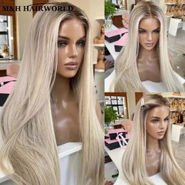 30 Inch Long Straight Synthetic Hair Lace Front s For Women Ombre Ash Blonde Colored Highlight Glueless Frontal 240327