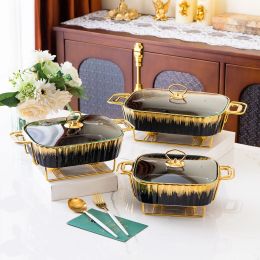 Rectangular White Black Ceramic Casserole Baking Dish Tableware Candle Fire Heating Hotel Dry Soup Pot with Golden Rack