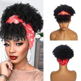 Wigs Short Headband Wig with Bangs Afro Kinky Curly Head Band Wigs for Women Synthetic Natural Hair Wig with Scarf Cosplay Daily Use