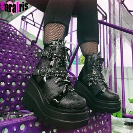 Boots 2022 Autumn Winter Punk Street Ankle Boots Women Platform Wedges High Heels Motorcycle Short Boots Female Halloween Shoes Woman