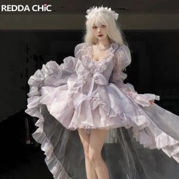 REDDACHiC Purple Lolita Princess Mini Dress with Train Laceup Puffy Tutu Underskirt Shawl Evening Party Gown 3piece Set 240402