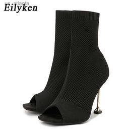 Dress Shoes Spring Peep Toe Stretch Fabric Women ANKLE Boots Sexy Party Stripper Metal Stiletto High Heel H2404037UC0