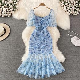 Party Dresses French Style Flower Women Summer Square Collar Puff Sleeve Slim Mermaid Dress Exquisite Elegant Long Skirts