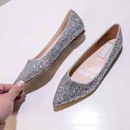 Women's Shiny Shoes Silver Pointed Toes Brand Flat Shoes with Diamond Sequins Rhinestone Chains Shoes