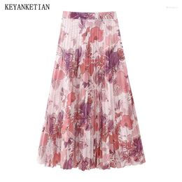 Skirts KEYANKETIAN 2024 Launch Pastoral Style Floral Print Pleated Skirt Spring Women's Back Zipper High Waist Ankle A-line
