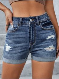 LW High Waist Ripped Pocket Design Solid Skinny Stretchy Denim Short Casual Cuffed Hem Jean Pants 240403