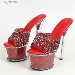 Dress Shoes Liyke Size 34-43 Sexy 20CM Women Platform Slippers Fashion Sequined Transparent Sandals Summer Open Toe Clear High Heels H240403OSTB