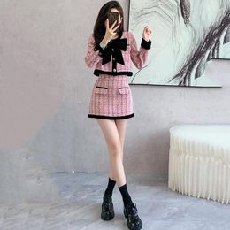 Work Dresses 2024 Spring Summer Two Piece Dress Set Pink Bow Mini Skirt Office Lay Suit High-Quality Dressing With Short Jacket Coat