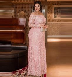 Lace Mother Of The Bride Dresses Plus Size Appliques Pink Jewel Neck Long Sleeves Sheath Formal Dinner Dresses For Women9072027