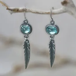 Dangle Earrings Simple Feather Pendant Bohemian Elegant Silver Colour Ocean Blue Moonstone For Women Jewellery Gift