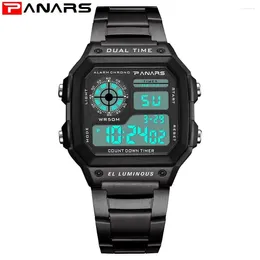 Wristwatches PANARS Top Luxury Stainless Steel Strap Sport Watches Mens Waterproof Back Light Digital Wristwatch Male Alarm