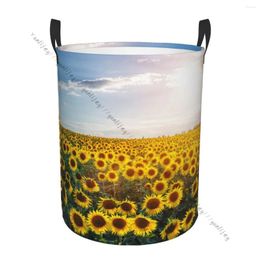 Laundry Bags Basket Round Dirty Clothes Storage Foldable Field Of Blooming Sunflowers Hamper Organizer