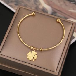 Bangle 316L Stainless Steel Open Bracelet Gold Colour Clover Simple Trendy Jewellery For Women Bracelets Wedding Party Gifts N1958