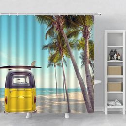 Shower Curtains Tropical Beach Curtain Europe Seaside City Scenery Waggon Home Hanging Cloth Polyester Bathroom Decor Bath Hook