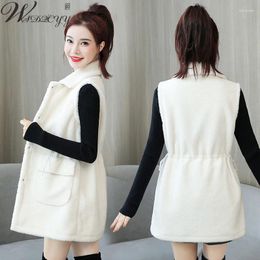 Women's Vests Women Lamb Wool Waistcoat 2024 Korean Fashion Turn Down Sleeveless Vest Autumn Winter Vintage Drawstring Midi-Outwear Plus