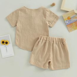 Clothing Sets Baby Boy Clothes Toddler Cotton Linen Summer Outfit Short Sleeve Crew Neck Shirts Tops And Elastic Shorts Set