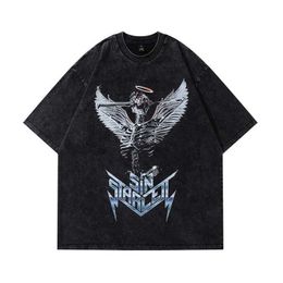 Men's T-Shirts 2023 Streetwear Men Hip Hop Oversized T Shirt Washed Black Angel Skull Skeleton Graphic T Shirt Vintage Tshirt Cotton Tops Tees J240402