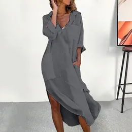 Casual Dresses V-neck Long Sleeve Dress Elegant Shirt With Pockets Side Split For Women Loose Fit Midi Beach Holiday