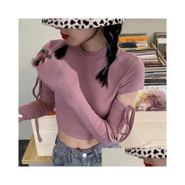 Womens T-Shirt Spring Y Ripped Long Sleeve Shirts Women White/Pink/Blue Lace-Up Tees Elegant Vintage Female Top Clothes Streetwear Dro Dh17X