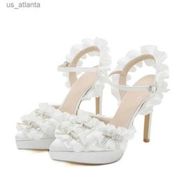 Dress Shoes Liyke Elegant Women Wedding Banquet Platform High Heels Crystal Bowknot Pleated Petal Ankle Strap Stiletto Pumps Sandal H240403TX0V