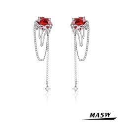 Earrings MASW Chain Drop Earrings Delicate Design High Quality Brass Silver Plated AAA Red Heart Zircon Earrings For Women Jewelry