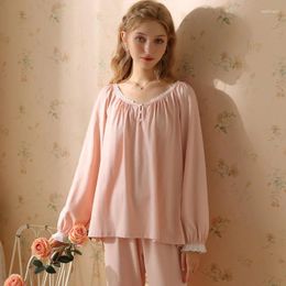 Home Clothing Pajamas Girl Spring And Autumn Cotton Long Sleeve Trousers Sweet Loose Pure Desire Style French Retro Loungewear Set