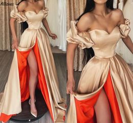 Champagne Ruched Off Shoulder A Line Evening Dresses Sexy Thigh Split Elegant Satin Formal Party Gowns For Women Plus Size Sweep Train Second Reception Dress CL3455