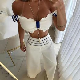 Women's Two Piece Pants Loose Fit Women Suit Two-piece Set Stylish Crop Top With Ruffle Detail High Waist Wide Leg For Commuting