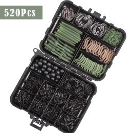 Boxes 520Pcs Carp Fishing Tackle Kit Quick Change Swivels Anti Tangle Sleeves Hook Stop Beads Boilie Bait Screw Accessories with Box