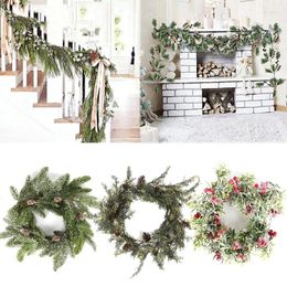 Decorative Flowers Artificial Christmas Garland Wreaths Pine Needles Berry Cone Rattan Home Party Decoration Hanging Ornament Fireplace Wall