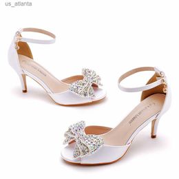 Dress Shoes Women Sandals Height Increasing Butterfly-knot Silk 7CM Thin Heels Buckle Strap Rhinestone Wedding Womens White H240403EIAO