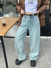 Women's Jeans Slergiri Big Pocket High Waist Loose For Women Streetwear Vintage Washed Straight Wide Leg Denim Pants Without Belt