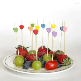 Forks 100pcs Bamboo Sticks Heart Fruits Wedding Party Disposable Tableware Wooden Toothpick Colourful Cocktail Decorations