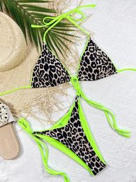 Women's Swimwear Women 2 Pieces Y2k Bikini Swimsuit Leopard Print Tie-Up Halter Neck Padded Bra Thong Bottom Beach Bathing Suit Set